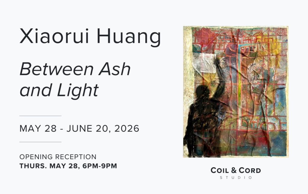 Promotional flyer for Between Ash and Light, an art exhibition by Xiaorui Huang
