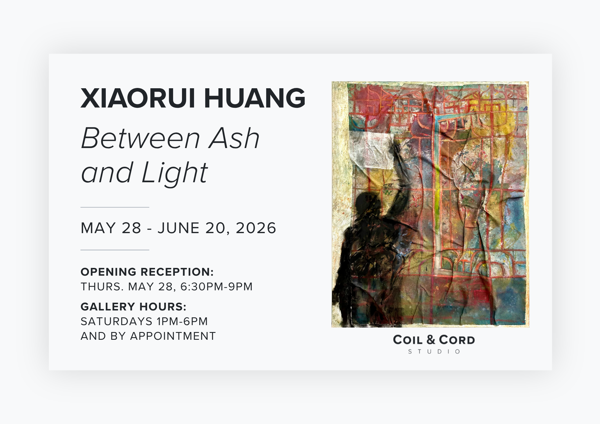 Promotional flyer for Between Light and Ash, an art exhibition by Xiaorui Huang